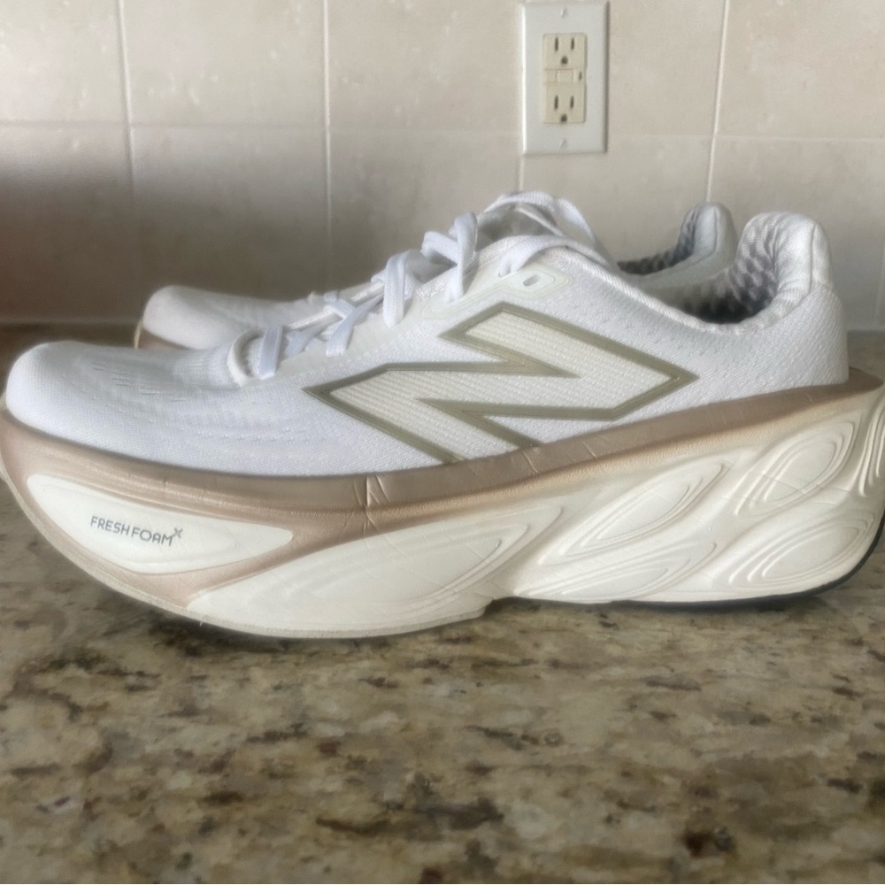 New Balance Fresh Foam x More v5 White and Gold Athletic Shoes